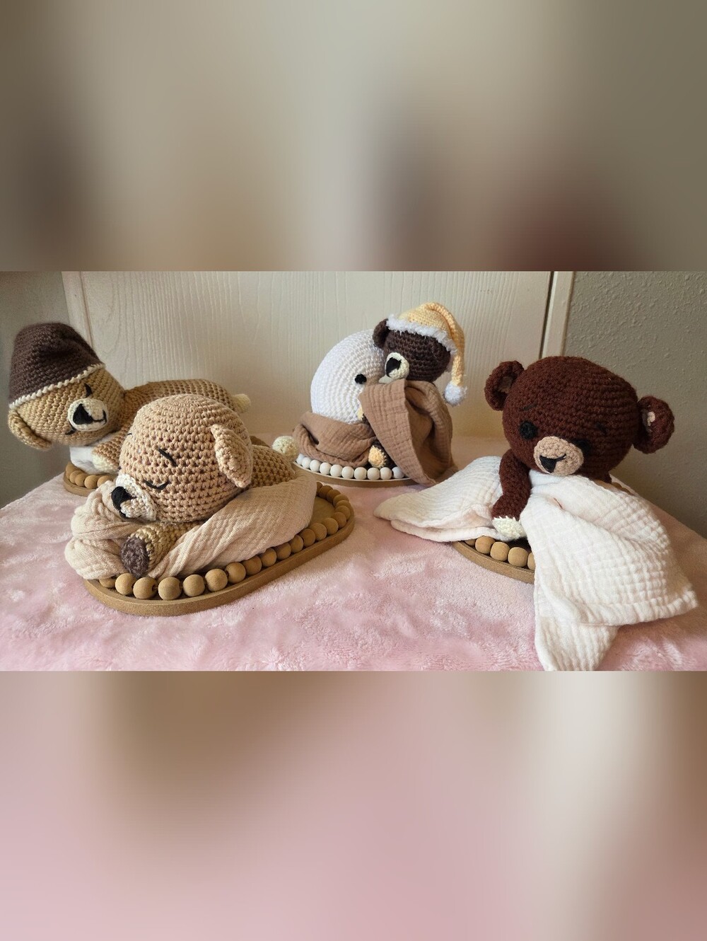 Handmade Baby Shower Centerpiece Crochet Sleeping Brown Bears with Blankets